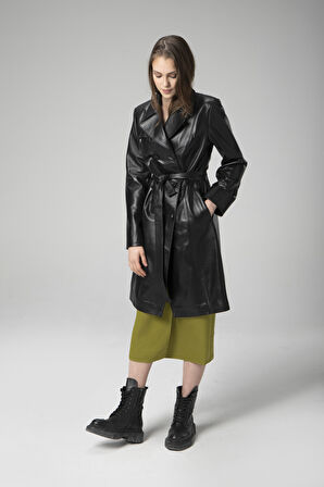 DERİCLUB Paris Kadın Kemerli Düğmeli Kruvaze Yaka Trençkot Hakiki Deri SİYAH