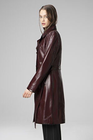 DERİCLUB Paris Kadın Kemerli Düğmeli Kruvaze Yaka Trençkot Hakiki Deri BORDO