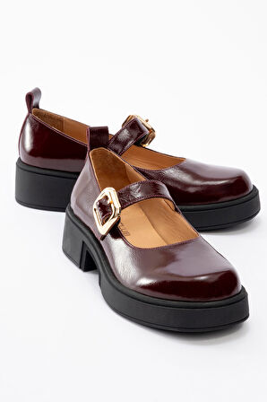 Kadın Kalın Topuklu Tek Bantlı Tokalı Mary Jane Casual Ayakkabı Gerçek Rugan Deri RC 4444 BORDO