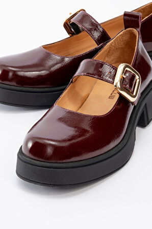 Kadın Kalın Topuklu Tek Bantlı Tokalı Mary Jane Casual Ayakkabı Gerçek Rugan Deri RC 4444 BORDO