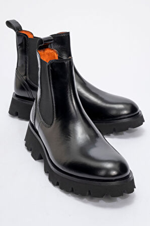 Erkek Kalın Taban Esnek Yan Bantlı Chelsea Bot Gerçek Deri MC 20285 SİYAH