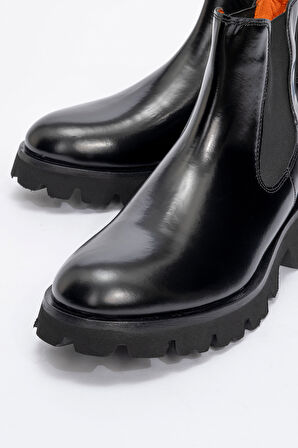 Erkek Kalın Taban Esnek Yan Bantlı Chelsea Bot Gerçek Deri MC 20285 SİYAH