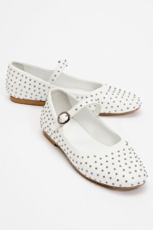 Kadın Baretli Taşlı Babet Ayakkabı Gerçek Deri ZY 8025 BEYAZ