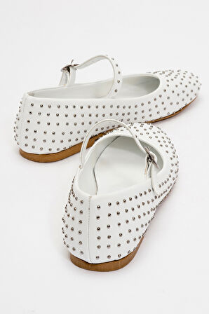 Kadın Baretli Taşlı Babet Ayakkabı Gerçek Deri ZY 8025 BEYAZ