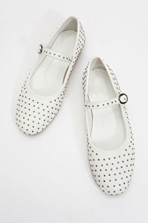 Kadın Baretli Taşlı Babet Ayakkabı Gerçek Deri ZY 8025 BEYAZ