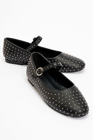 Kadın Baretli Taşlı Babet Ayakkabı Gerçek Deri ZY 8025 SİYAH