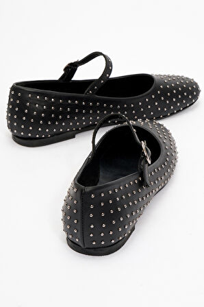 Kadın Baretli Taşlı Babet Ayakkabı Gerçek Deri ZY 8025 SİYAH