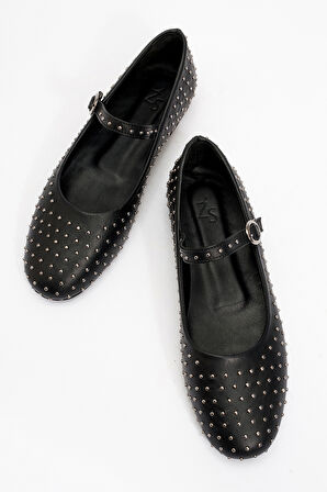 Kadın Baretli Taşlı Babet Ayakkabı Gerçek Deri ZY 8025 SİYAH