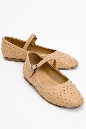 Kadın Baretli Taşlı Babet Ayakkabı Gerçek Deri ZY 8025 KARAMEL