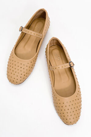 Kadın Baretli Taşlı Babet Ayakkabı Gerçek Deri ZY 8025 KARAMEL