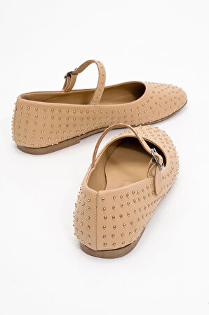 Kadın Baretli Taşlı Babet Ayakkabı Gerçek Deri ZY 8025 KARAMEL