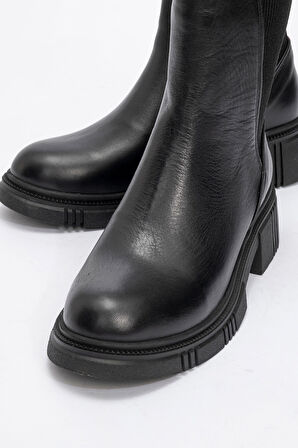 Kadın Kalın Taban Casual Chelsea Bot Gerçek Deri RC 37301 SİYAH