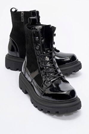 DERİCLUB Kadın Kalın Taban Fermuarlı Casual Bot Gerçek Deri RC 38805 RUGAN SİYAH