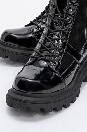 DERİCLUB Kadın Kalın Taban Fermuarlı Casual Bot Gerçek Deri RC 38805 RUGAN SİYAH