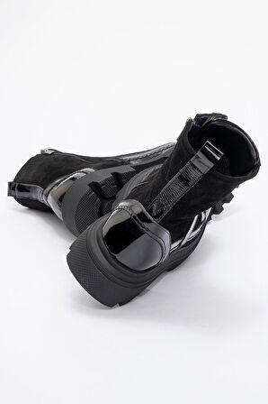 DERİCLUB Kadın Kalın Taban Fermuarlı Casual Bot Gerçek Deri RC 38805 RUGAN SİYAH