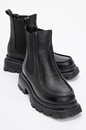 Kadın Kalın Taban Casual Chelsea Bot Gerçek Deri RC 37509 SİYAH