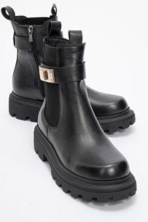 Kadın Kalın Taban Casual Chelsea Bot Gerçek Deri RC 38802 SİYAH