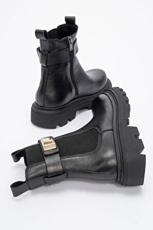 Kadın Kalın Taban Casual Chelsea Bot Gerçek Deri RC 38802 SİYAH