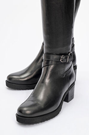 Kadın Yüksek Topuklu Fermuarlı Çizme Gerçek Deri BR 08029 SİYAH