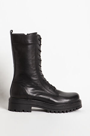 Kadın Postal Kalın Tabanlı Fermuarlı Günlük Bot Gerçek Deri BR 66159 SİYAH