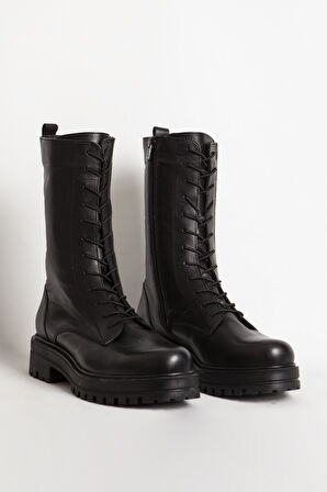 Kadın Postal Kalın Tabanlı Fermuarlı Günlük Bot Gerçek Deri BR 66159 SİYAH