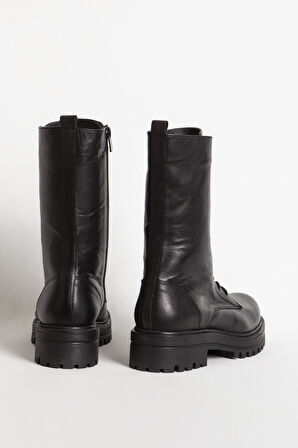 Kadın Postal Kalın Tabanlı Fermuarlı Günlük Bot Gerçek Deri BR 66159 SİYAH