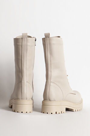 Kadın Postal Kalın Tabanlı Fermuarlı Günlük Bot Gerçek Deri BR 66159 BEJ