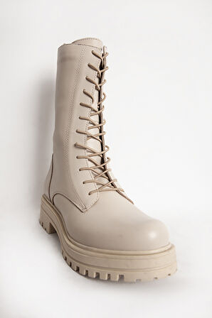 Kadın Postal Kalın Tabanlı Fermuarlı Günlük Bot Gerçek Deri BR 66159 BEJ