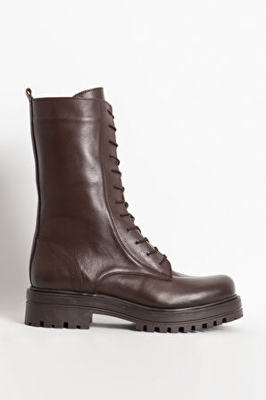 Kadın Postal Kalın Tabanlı Fermuarlı Günlük Bot Gerçek Deri BR 66159 KAHVERENGİ