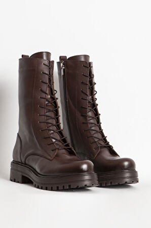 Kadın Postal Kalın Tabanlı Fermuarlı Günlük Bot Gerçek Deri BR 66159 KAHVERENGİ