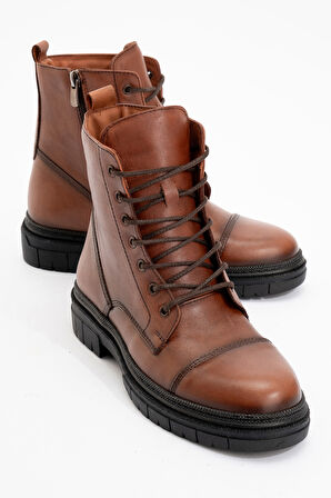 Kadın Fermuarlı Bağcıklı Casual Bot Gerçek Deri BR 66245 TABA