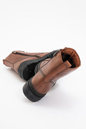 Kadın Fermuarlı Bağcıklı Casual Bot Gerçek Deri BR 66245 TABA