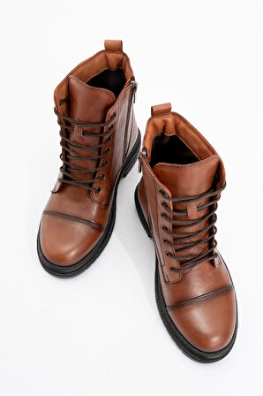 Kadın Fermuarlı Bağcıklı Casual Bot Gerçek Deri BR 66245 TABA