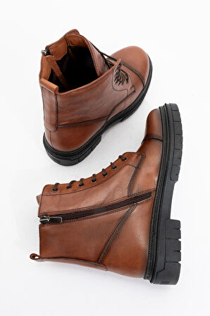 Kadın Fermuarlı Bağcıklı Casual Bot Gerçek Deri BR 66245 TABA