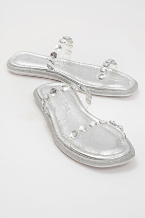 Kadın Şeffaf Taş Bantlı Şık Terlik Gerçek Deri ZY 8082 LAME