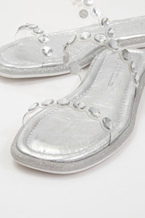 Kadın Şeffaf Taş Bantlı Şık Terlik Gerçek Deri ZY 8082 LAME