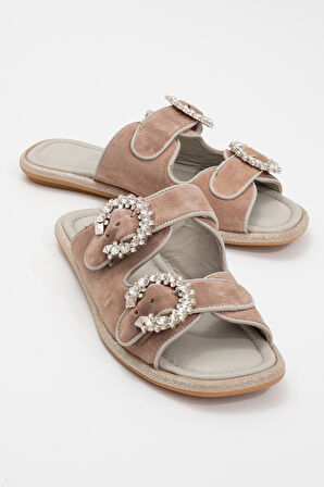 Kadın Çift Taş Bantlı Süet Şık Terlik Gerçek Deri ZY 8069 VİZON