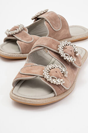 Kadın Çift Taş Bantlı Süet Şık Terlik Gerçek Deri ZY 8069 VİZON