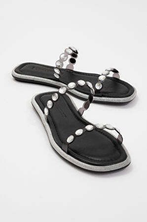 Kadın Şeffaf Taş Bantlı Şık Terlik Gerçek Deri ZY 8082 SİYAH