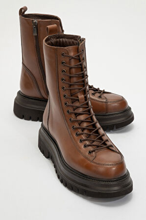 DERİCLUB Kadın Kalın Taban Bağcıklı Fermuarlı Casual Bot Gerçek Deri BR 66329 TABA