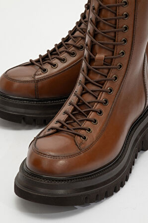 DERİCLUB Kadın Kalın Taban Bağcıklı Fermuarlı Casual Bot Gerçek Deri BR 66329 TABA