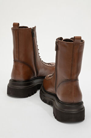 DERİCLUB Kadın Kalın Taban Bağcıklı Fermuarlı Casual Bot Gerçek Deri BR 66329 TABA