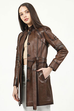 DERİCLUB Atina Kadın Düğmeli Hakiki Deri Trençkot CAMEL ANTİK