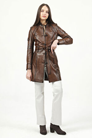 DERİCLUB Atina Kadın Düğmeli Hakiki Deri Trençkot CAMEL ANTİK