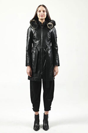 DERİCLUB Nairobi Kadın Kürk Kapüşonlu Hakiki Deri Trençkot SİYAH