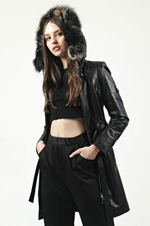 DERİCLUB Nairobi Kadın Kürk Kapüşonlu Hakiki Deri Trençkot SİYAH