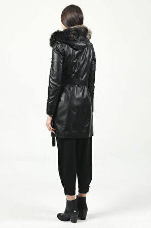 DERİCLUB Nairobi Kadın Kürk Kapüşonlu Hakiki Deri Trençkot SİYAH