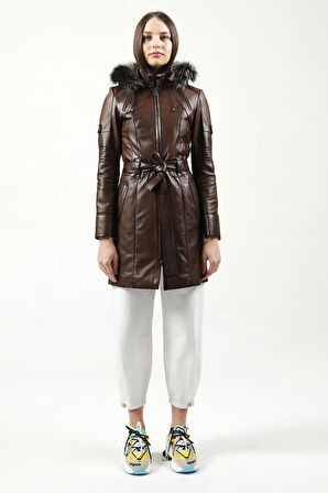 DERİCLUB Nairobi Kadın Kürk Kapüşonlu Hakiki Deri Trençkot CAMEL ANTİK