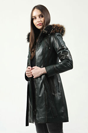 DERİCLUB Nairobi Kadın Kürk Kapüşonlu Hakiki Deri Trençkot YEŞİL