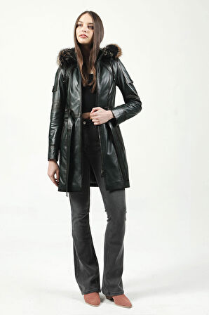 DERİCLUB Nairobi Kadın Kürk Kapüşonlu Hakiki Deri Trençkot YEŞİL